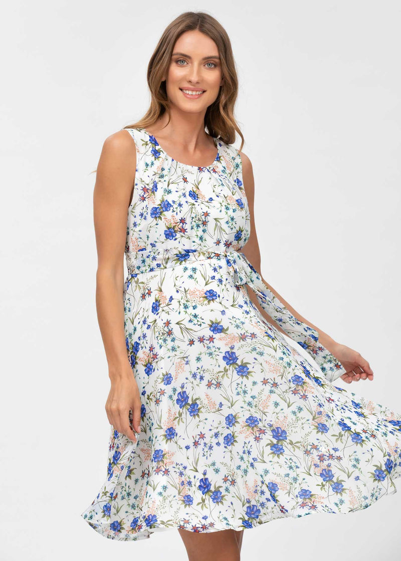 Schwangere Frau trägt elegantes Fest- und Businesskleid aus Chiffon