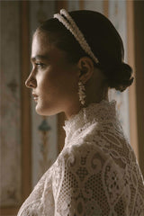 Braut-Haarreif mit elfenbeinfarbenen Perlen und Kristallen, schmales doppeltes Diadem BB-7626