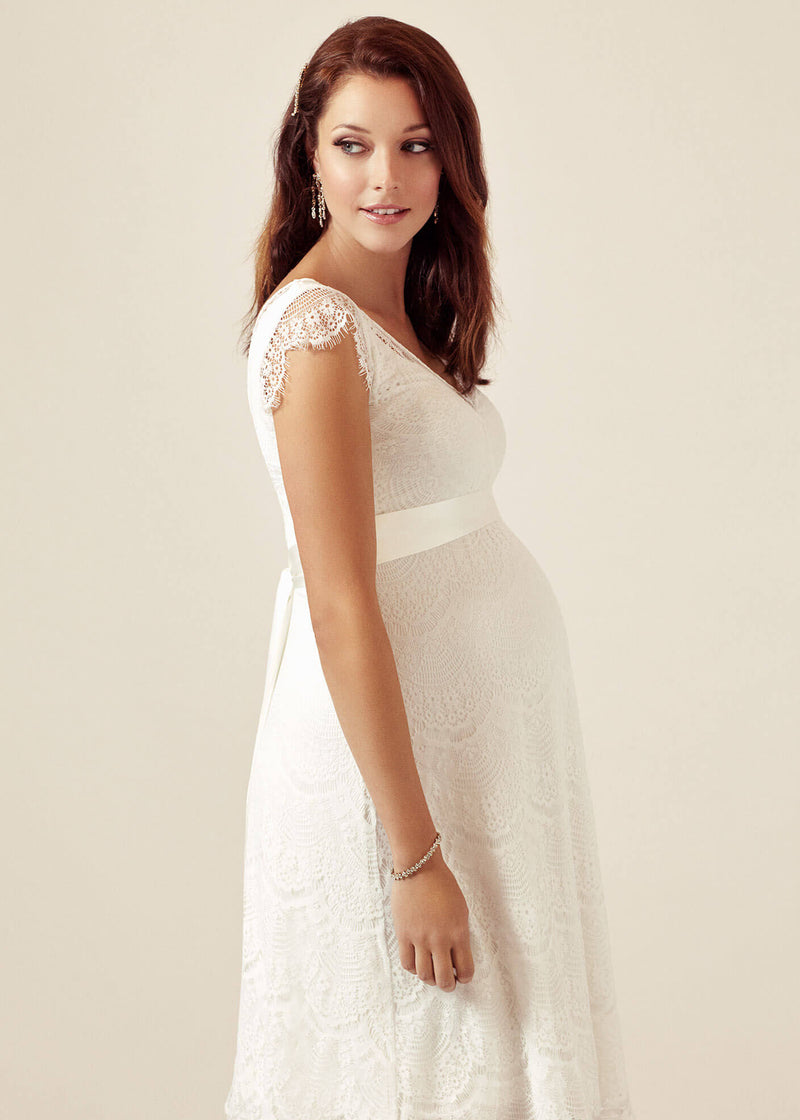 Knielanges Umstands-Hochzeitskleid aus Spitze in ecru / ivory