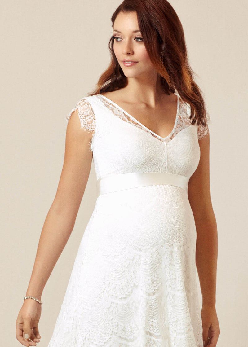 Knielanges Umstands-Hochzeitskleid aus Spitze in ecru / ivory